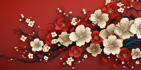 A red and white floral design on a red background. Fictional image. Decorative plum flowers.