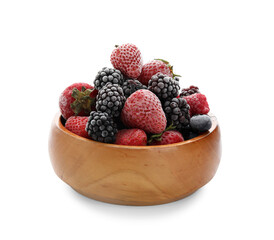 Wooden bowl of frozen berries on white background