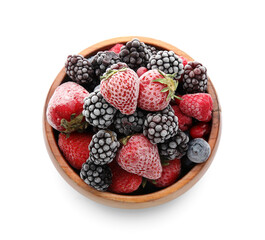 Wooden bowl of frozen berries on white background