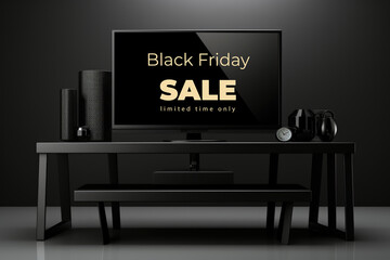 A flat screen tv or computer screen with caption. Black Friday sale campaign.Imaginary illustration.