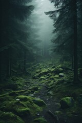 Obraz premium Misty spooky forest background, gloomy trees in scary horror foggy woods Happy Halloween dark night creepy nature mist fantasy atmosphere mystery dramatic landscape fall nightmare scenery. Copy space