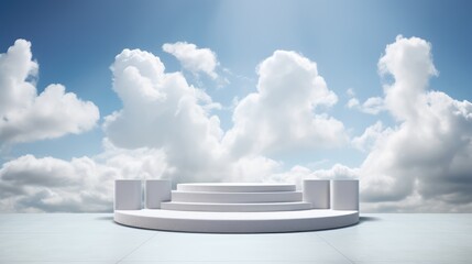podium background Calm, clear sky with fluffy white clouds. Open, empty landscape. Peaceful solitude in nature.
