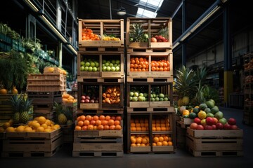 Imaginary illustration of a grocery storage room, warehouse. Food market interior.