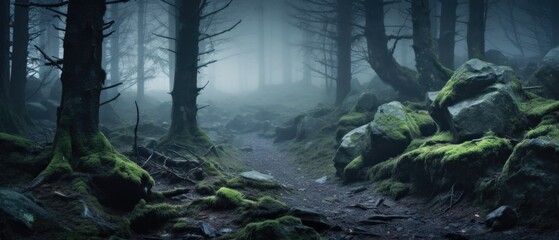 Misty spooky forest background, gloomy trees in scary horror foggy woods Happy Halloween dark night creepy nature mist fantasy atmosphere mystery dramatic landscape fall nightmare scenery. Copy space