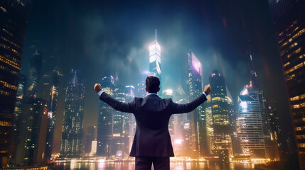 摩天楼の高層ビル群の前で両手を上げてガッツポーズをしているビジネスマン「AI生成画像」
