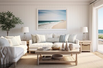 Fototapeta na wymiar Coastal Cottage Living Room with a white slipcovered sofa, seashell accents, beachy artwork, and a laid-back, coastal vibe. Coastal home decor. Template