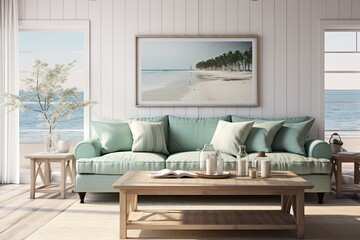 Coastal Cottage Living Room with a white slipcovered sofa, seashell accents, beachy artwork, and a laid-back, coastal vibe. Coastal home decor. Template