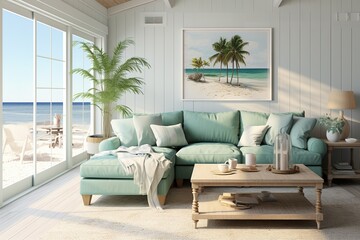 Coastal Cottage Living Room with a white slipcovered sofa, seashell accents, beachy artwork, and a laid-back, coastal vibe. Coastal home decor. Template