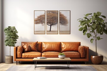 Contemporary Living Room in Earthy Tones with a brown leather sofa, wooden coffee table, potted plants, and unique wall art. Modern home decor. Template