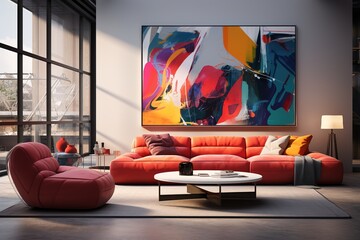 Artistic Living Room with a statement piece of contemporary art, modular seating, transparent coffee table, and bold color accents. Art-inspired home decor. Template