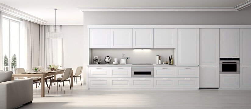 White modern kitchen presented in a within a white space.