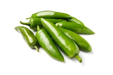 Green chili peppers on white background