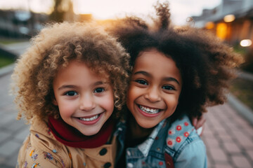 Happy diverse kids laughing and looking at camera.