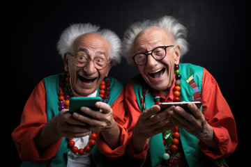 Funny portrait of two senior men wearing bright clothes and holding smart phones.