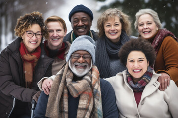 Group winter portrait of happy adult diverse friends smiling and looking at camera.
