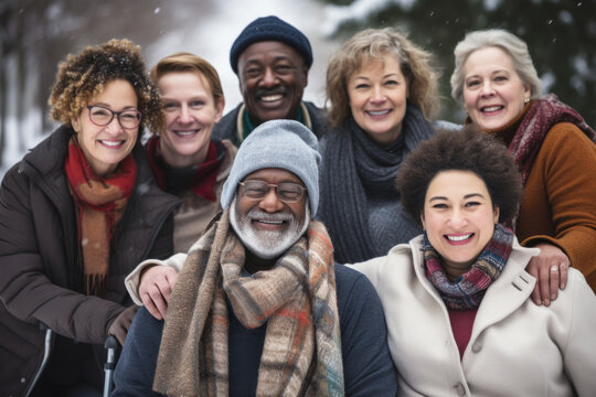 Group winter portrait of happy adult diverse friends smiling and looking at camera. - Powered by Adobe