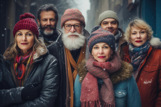 Winter city group portrait of adult men and woman wearing warm clothes and hats.
