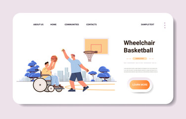 disabled man sitting in wheelchair and playing basketball with male friend people with disabilities concept horizontal