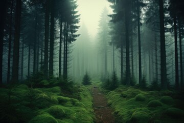 Fototapeta premium Misty spooky forest background, gloomy trees in scary horror foggy woods Happy Halloween dark night creepy nature mist fantasy atmosphere mystery dramatic landscape fall nightmare scenery. Copy space