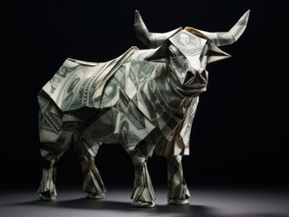 Fototapeta premium origami bull made from cash dollar bills. generative AI