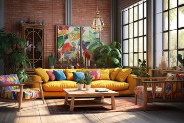 Eclectic Living Room with a mix of patterns, textures, and colorful furniture, creating a vibrant and unique interior. Eclectic home decor. Template