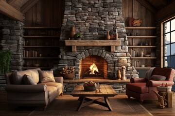 Obraz premium Rustic Living Room with a stone fireplace, leather armchair, antler chandelier, and cozy cabin - inspired decor. Rustic home decor.