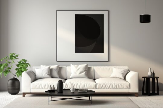 Minimalist Living Room in Monochrome Palette featuring a sleek white sofa, black coffee table, floor lamp, and abstract wall decor