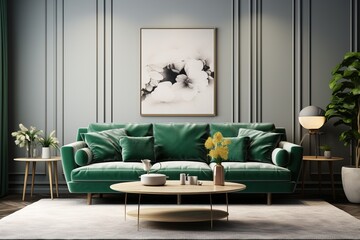 Stylish scandinavian living room interior with green velvet sofa, coffee table, carpet, plants, furniture, elegant accessories in modern home decor.