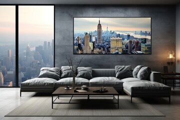 Urban Living Room with a gray sectional sofa, glass coffee table, cityscape wall mural, and modern artwork. City - inspired home decor.