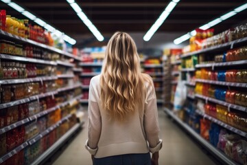 beautiful young girl chooses groceries in a supermarket. back view.