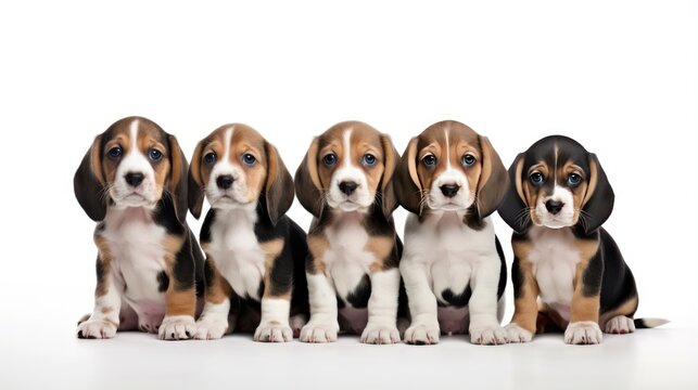 Adorable Canine Friends in a Row, Looking at Camera on White Background