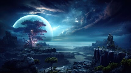 Breathtaking celestial night sky with mountains, moon, stars, and serene atmosphere.