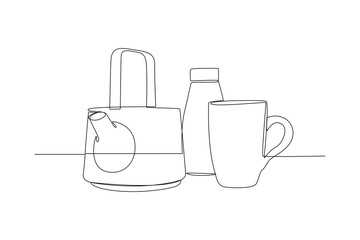 One continuous line drawing of Modern ceramic kitchen utensils concept. Doodle vector illustration in simple linear style. 