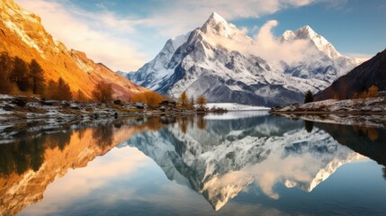Tranquil Winter Landscape with Snowcapped Mountains and Reflection in Calm Lake