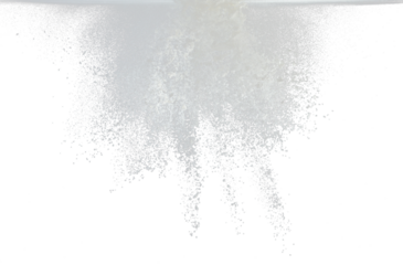 Tapioca starch flour fly explosion, White powder tapioca starch fall down in air. Seasoning flour powder is element material. Eyeshadow crush make up. Black background Isolated selective focus blur