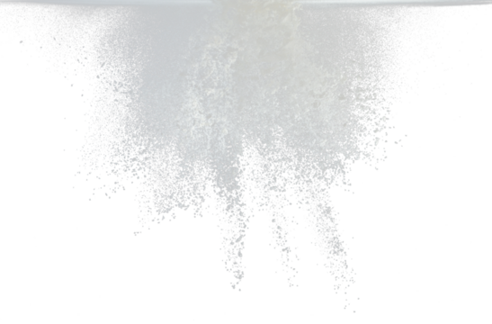 Tapioca starch flour fly explosion, White powder tapioca starch fall down in air. Seasoning flour powder is element material. Eyeshadow crush make up. Black background Isolated selective focus blur