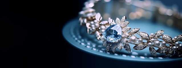 Macro shoot of a diamond ring embellished with blue sapphire and white pearls. Wedding, Valentine's day romantic concept. AI generated jewellery design. 