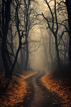 Misty spooky forest background, gloomy trees in scary horror foggy woods Happy Halloween dark night creepy nature mist fantasy atmosphere mystery dramatic landscape fall nightmare scenery. Copy space © Synthetica