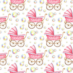 Watercolor illustration pattern of pink baby stroller and soap bubbles. Pictures for fabric textile children's clothing, wallpaper, wrapping paper, packaging, design, invitation, card sticker Isolated