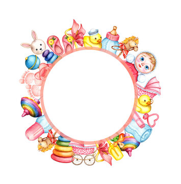 Watercolor illustration of a pink round frame made of children's toys. Pictures for fabric textile children's clothing, wallpaper, wrapping paper, packaging, design, invitation, card, sticker Isolated