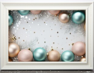 frame and free space on the background with Christmas balls and snowflakes in light turquoise and...