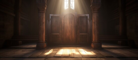 Unoccupied wooden confessional in the sunlight of the aged church. - obrazy, fototapety, plakaty