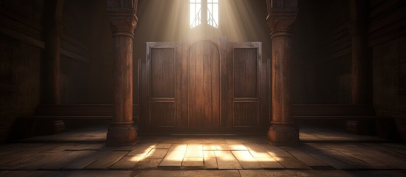 Unoccupied wooden confessional in the sunlight of the aged church.
