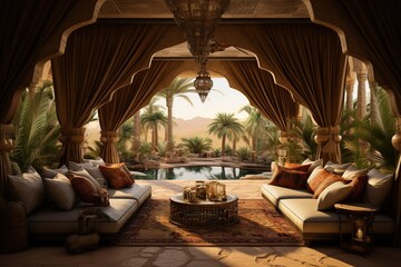 Arabian Desert Oasis Lounge with opulent furnishings, silk drapes, and an oasis-inspired, luxurious desert escape. Arabian desert oasis home decor. Template