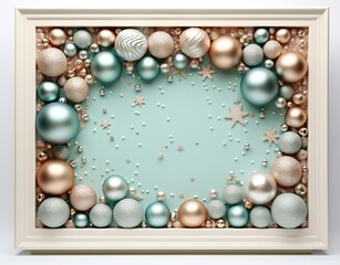 Fototapeta na wymiar frame and free space on the background with Christmas balls and snowflakes in light turquoise and gold colors