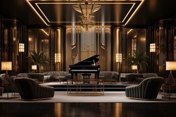 Art Deco Jazz Club with a grand piano, velvet banquettes, brass details, and a jazzy, Art Deco ambiance. Art Deco jazz club home decor. Template