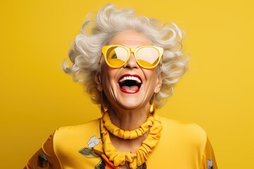 portrait of a cheerful smiling elderly grandmother in glasses on a yellow background - obrazy, fototapety, plakaty