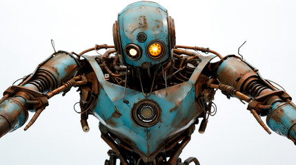 Fototapeta premium A selfie of an isolated hydraulic dystopian cyan and rusty humanoid robot on white background. Generative AI.