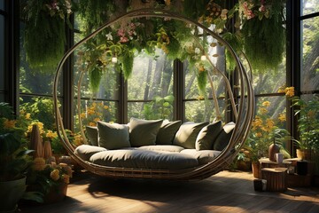 Floating Garden Living Room with suspended seating, hanging gardens, and a lush, botanical wonderland. Floating garden home decor. Template