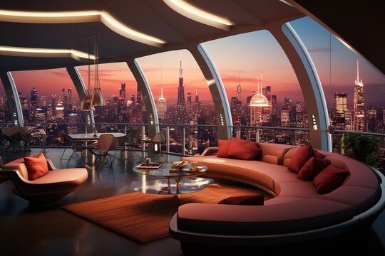 Futuristic Skyline Lounge with floor-to-ceiling windows, cityscape views, sleek seating, and a high-tech, urban retreat. Futuristic skyline home decor